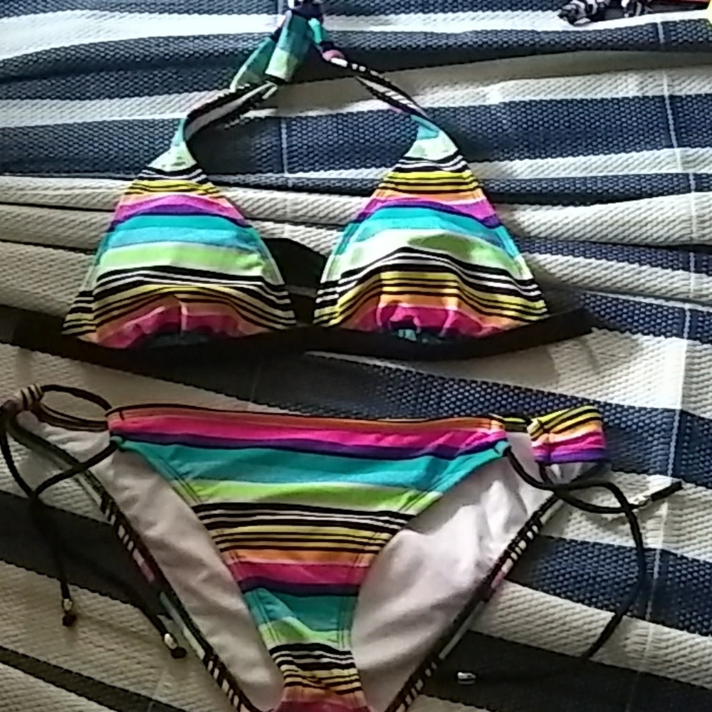 Striped two piece bikini top and bottom